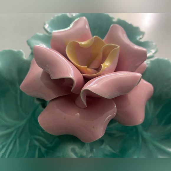 Vintage Enchanto candy dish turquoise leaves (cabbage?) and pink rose - Picture 3 of 16